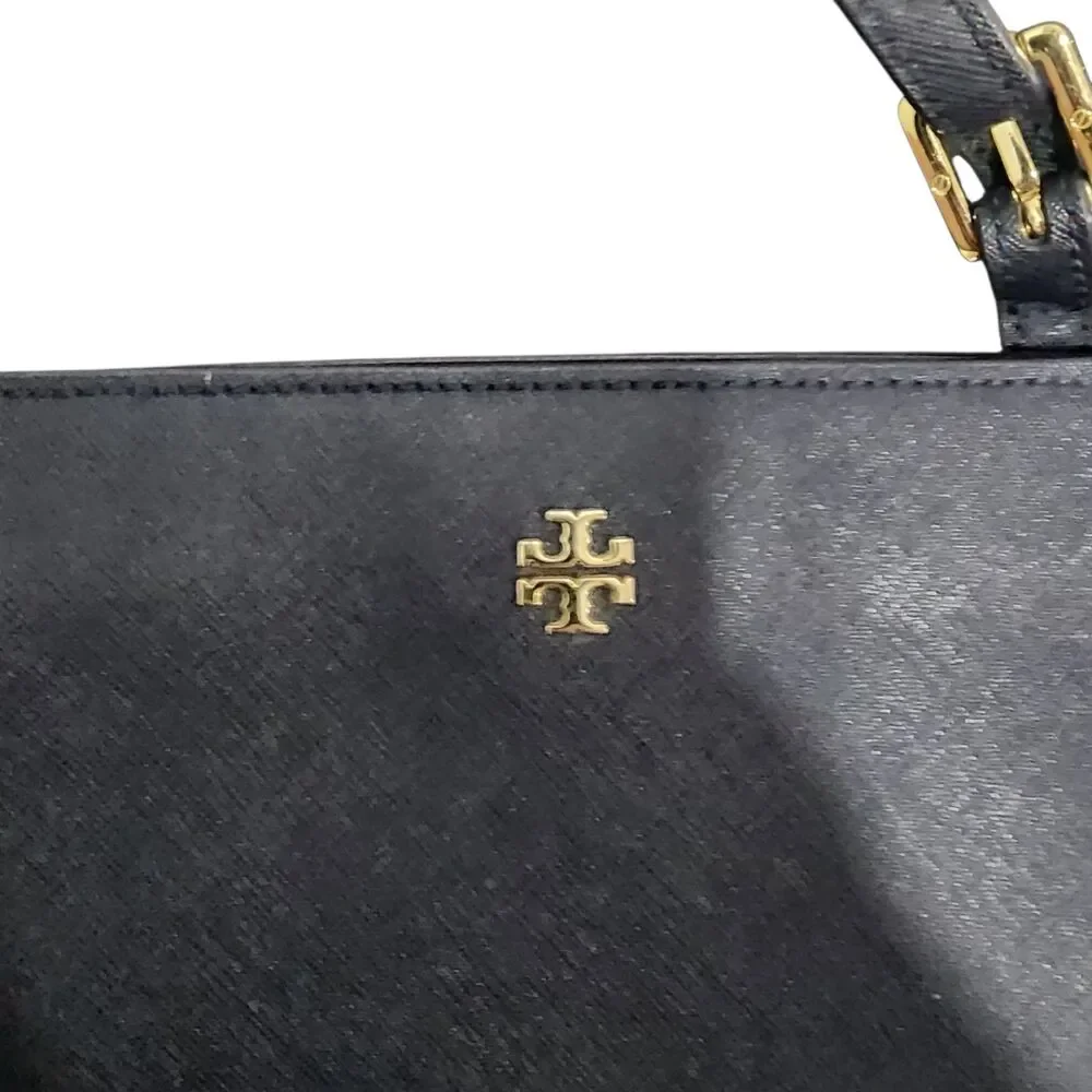 Tory Burch‎ Navy Saffiano Leather Tote Bag Gold Logo Classic Work Shopper